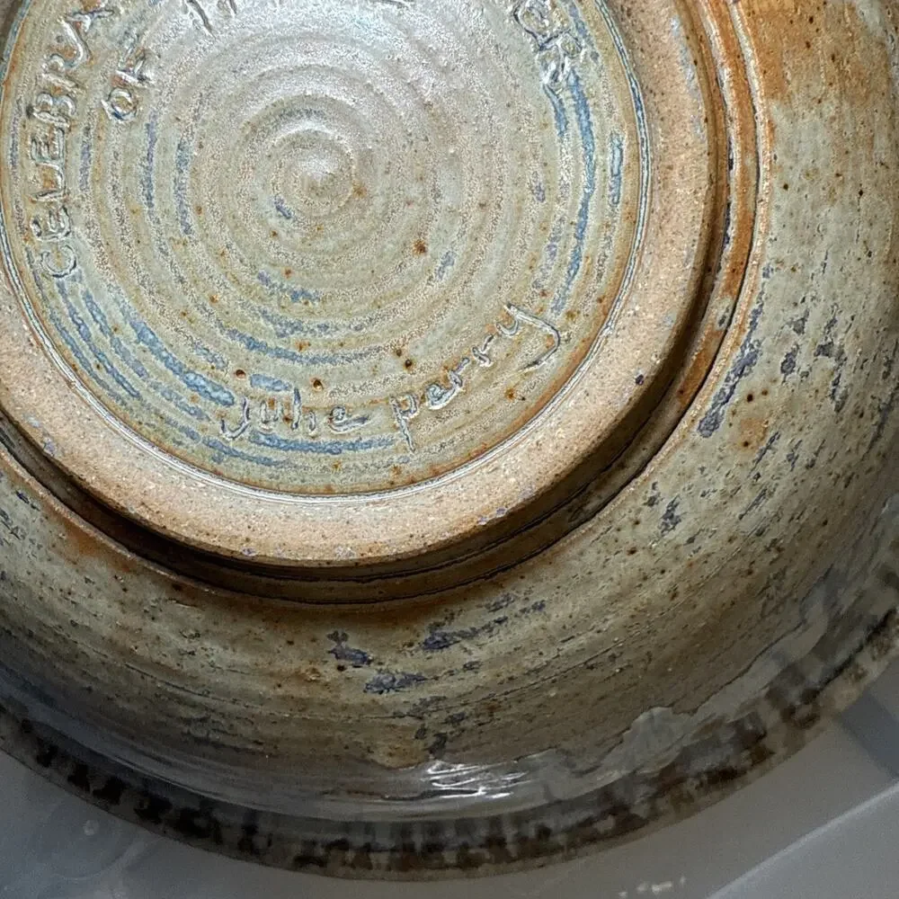 Julie Perry Signed Pottery Large Clay Bowl Tan Blue Glaze Celebrate the Wonder